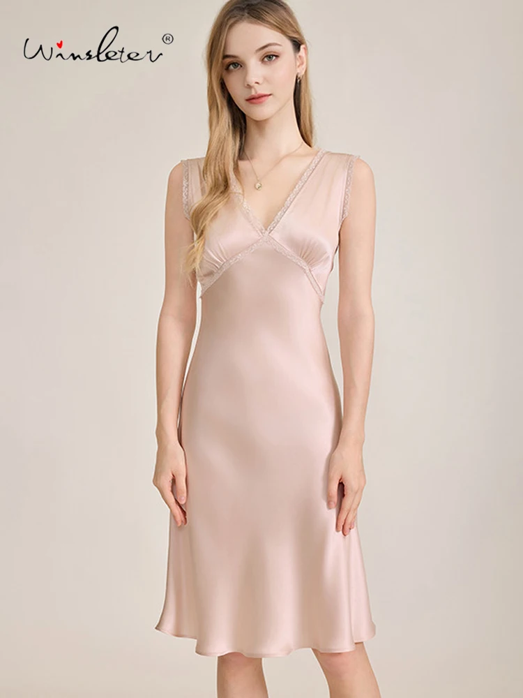 

Winsleter-16MM 100%Real Silk Elegant Nightgown, Sexy Lace Patchwork, Women French Vest Pajamas Dress, 2025 Autumn New P59034CC