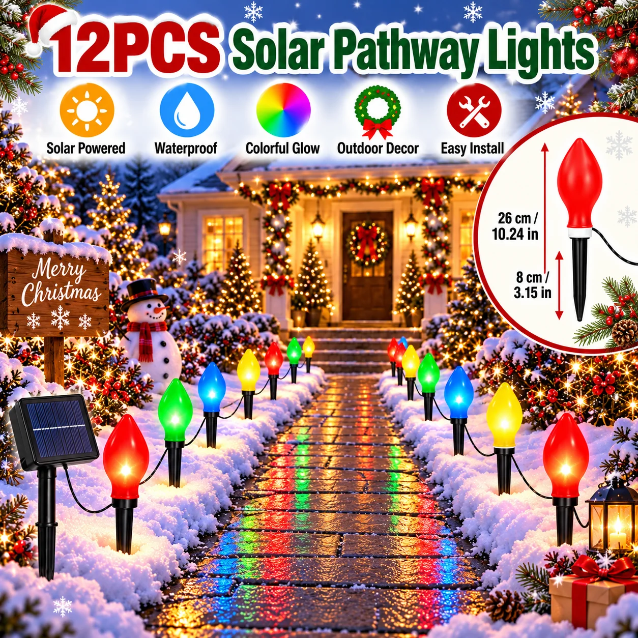 12 Pack Solar Christmas Pathway Lights, Colorful Flame LED Stake Lights Waterproof Outdoor Christmas Decorations for Yard Garden Lawn Walkway Driveway Patio