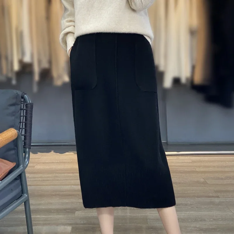 Women\'s Knitted Cashmere Skirt Double Pocket 100% Pure Wool Commuter Joker Straight Skirt for Autumn Winter New