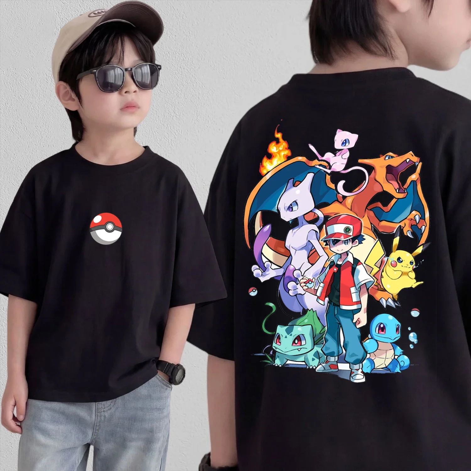 Summer Anime Pokémon Cosplay T-Shirt Cotton Short Sleeve Tops Casual Loose Retro T-Shirt Men Women Kids Family Matching Outfits