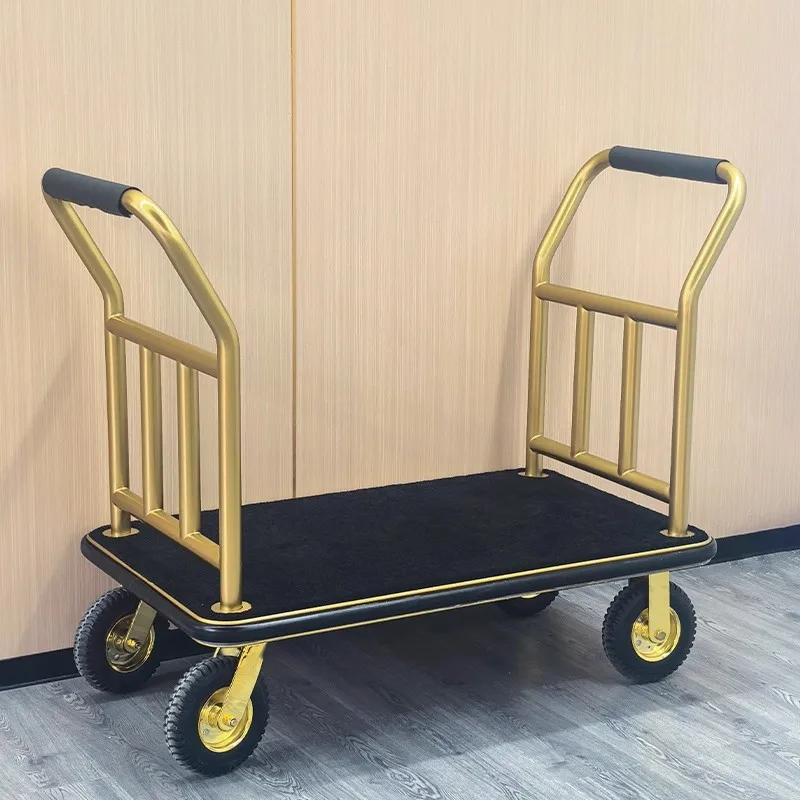 Hotel luggage car luxury hand push flat car stainless steel rose gold shopping mall transporter silent airport luggage cart