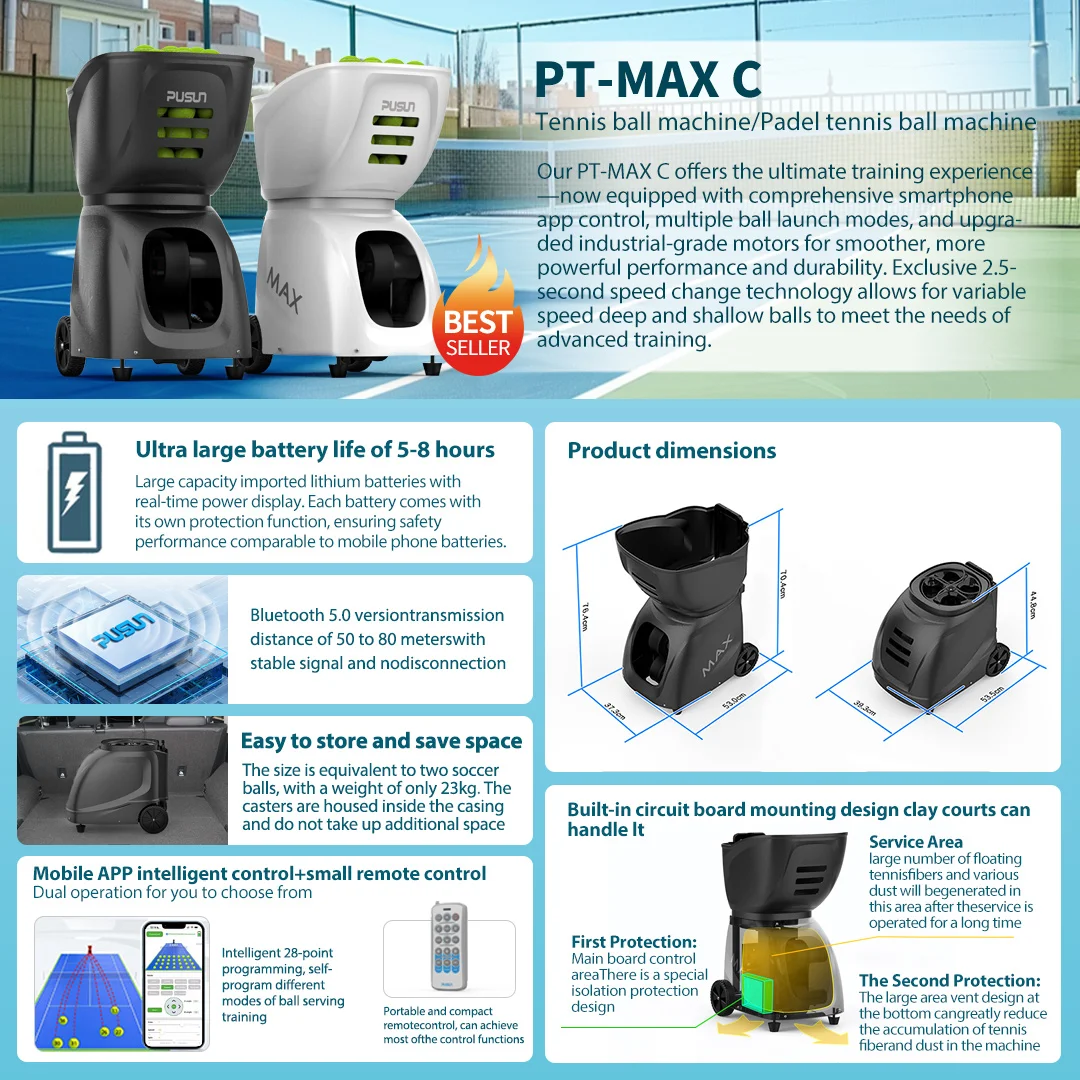 Professional Tennis Ball Machine Coach Pusun Automatic APP Control Tennis BallTraining Equipment Shooting Machine