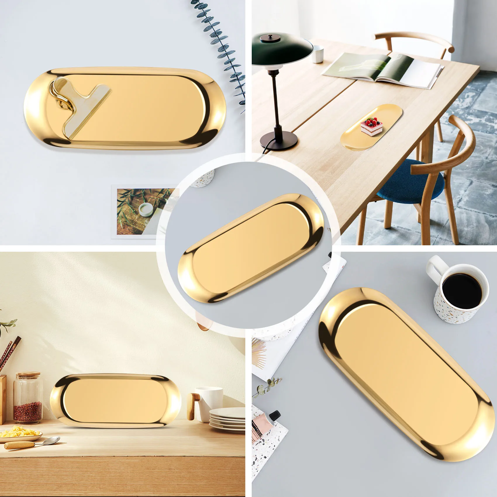 Metal Storage Tray Gold Oval Dotted Fruit Plate Small Items Jewelry Display Tray Mirror E