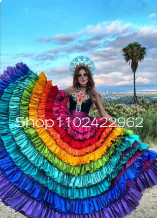 Rainbow Catrina Mexican Culture Prom Dresses Illusion Long Sleeve Death Day Costumes Sheer Neck Evening Gown Oufit customsized