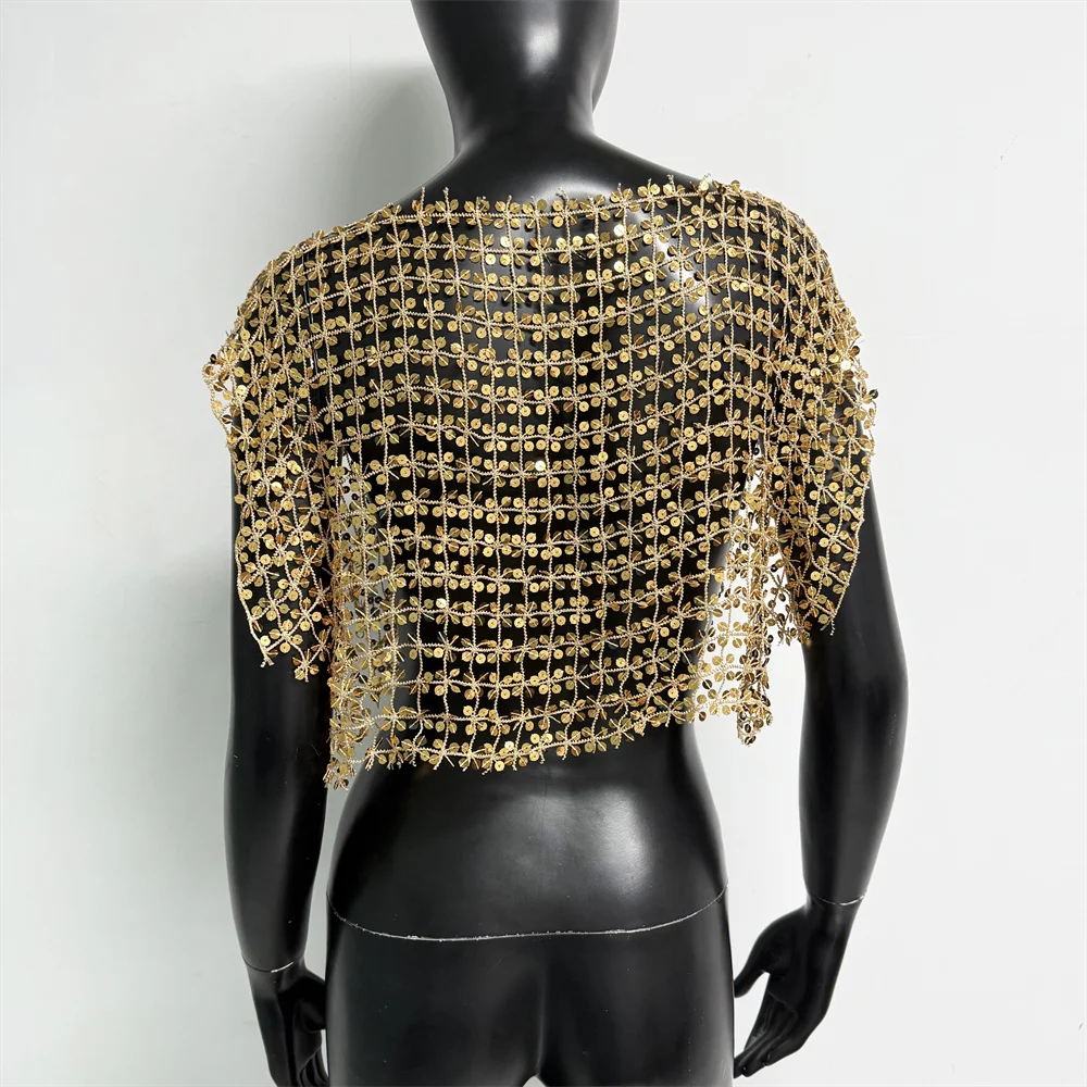 Damen Acryl-Pailletten Mesh Crop Tops Sexy Ausgehöhlt Durchsichtig Handgefertigtes Patchwork T-Shirt Rave Festival Party Tanktops – Detail 9