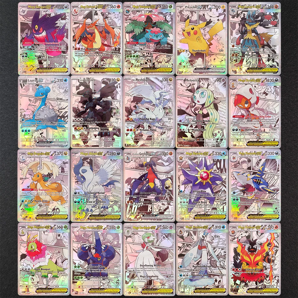 

2026 DIY 20Pcs Texture Pokemon Cards Mega Gengar ex Mega Charizard Pikachu ex Set Gem Mint 10, Hot Anime Collectible Game Cards