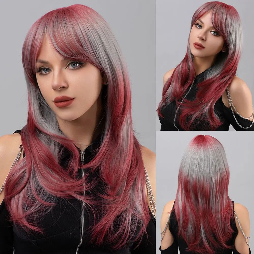 Gray Wig With Bangs Long Red Wig Hair Soft Layered Heat Resistant Synthetic Wig Suitable For Daily Use