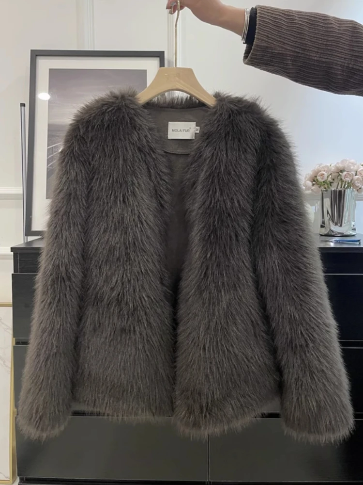 Manteau en Fourrure Écologique pour Femme, Veste en Faux Renard de Haute Qualité, en Peluche, avec Poussoir Principal, Collection Automne-Hiver 2023