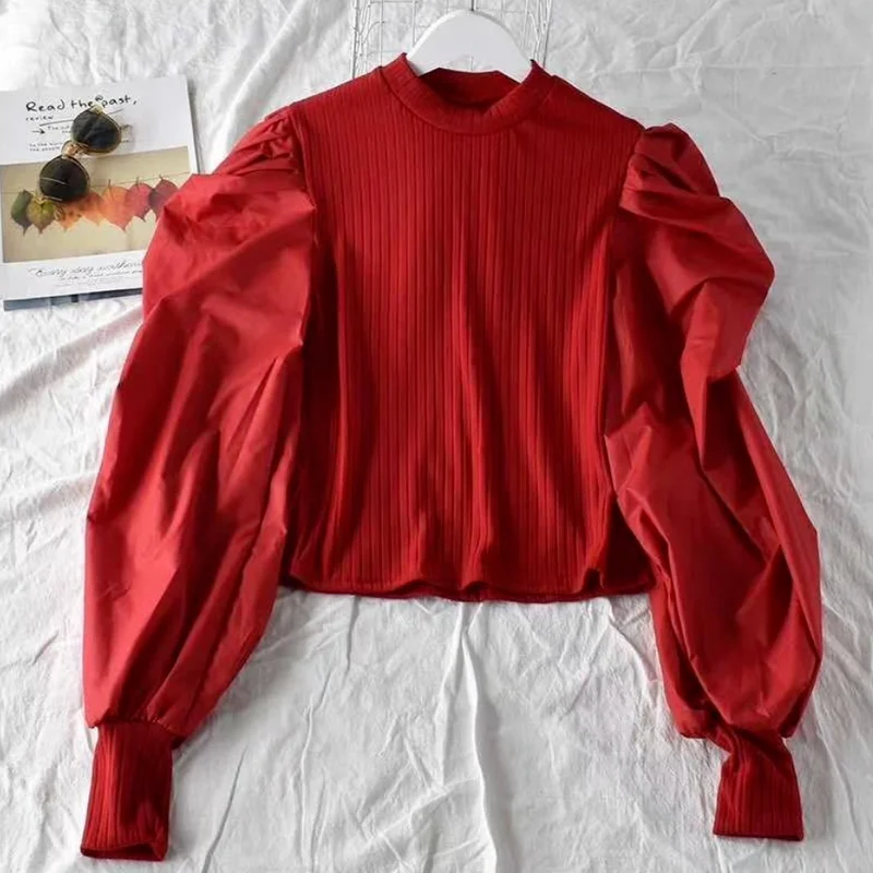 Neploe Korean O Neck Puff Long Sleeve Design Blouse Women Patchwork Knitted Slim Fit Short Blusas Autumn Spring 2024 New Shirt