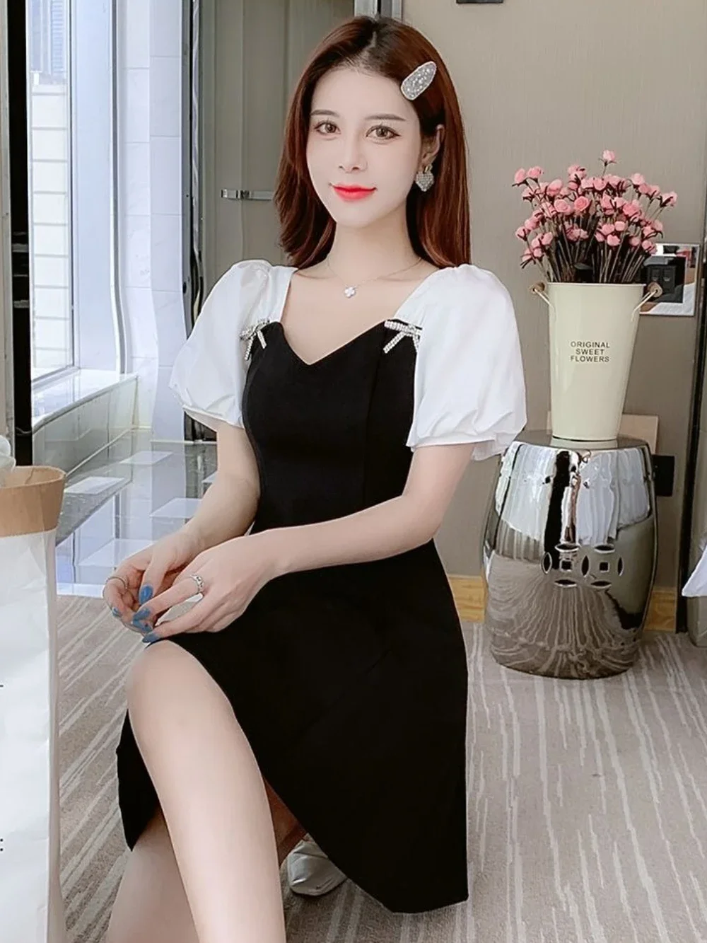 Abito femminile nero a maniche corte in chiffon di raso di seta Midi Abiti da donna A Line Kpop Elegante lusso Estetico di alta qualità Novità