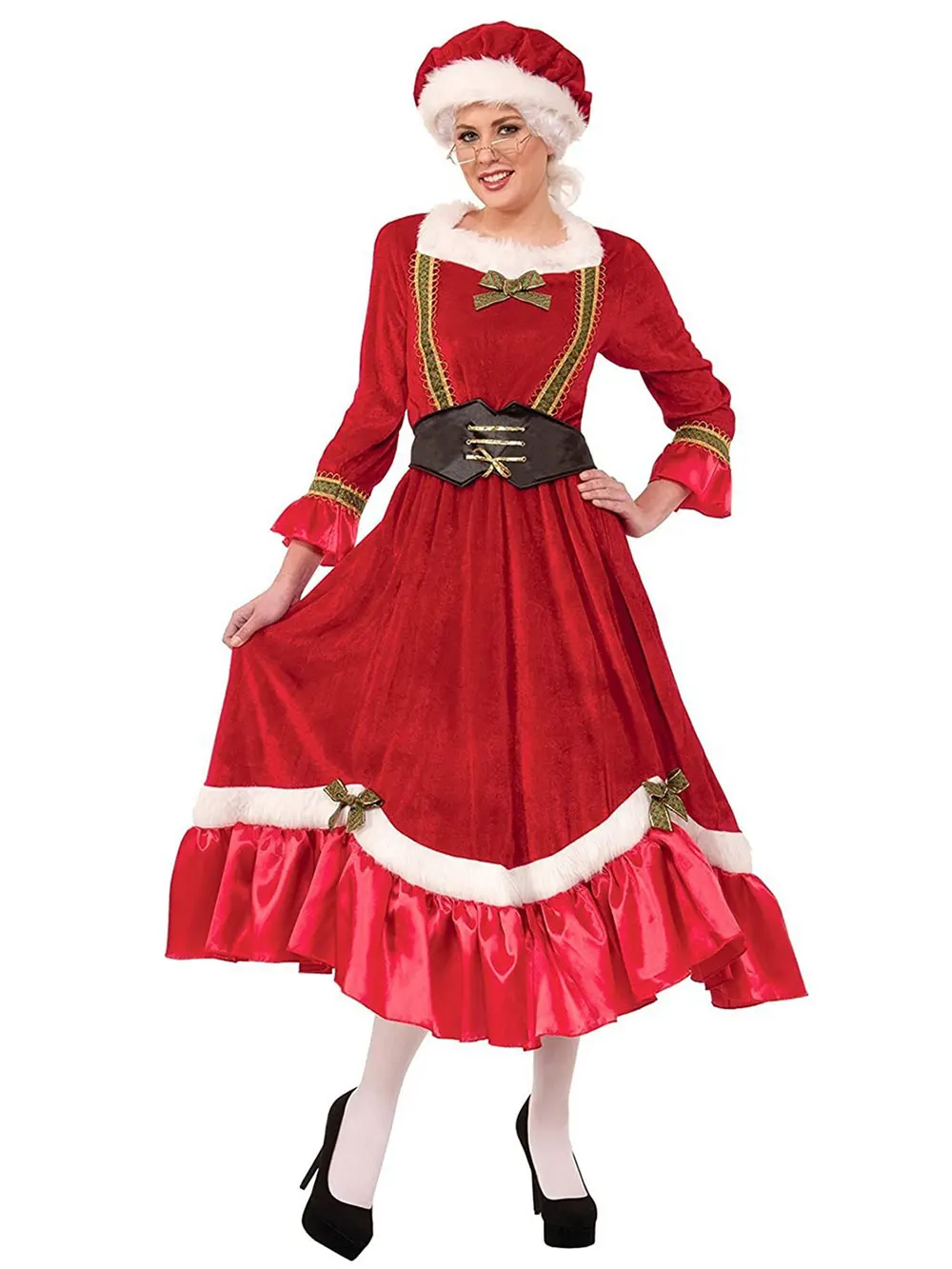 Disfraz de Navidad para Mujer, Traje de Terciopelo para Fiesta de Año Nuevo, Disfraz de Mamá Noel, Falda Larga Roja con Delantal, Vestido Elegante