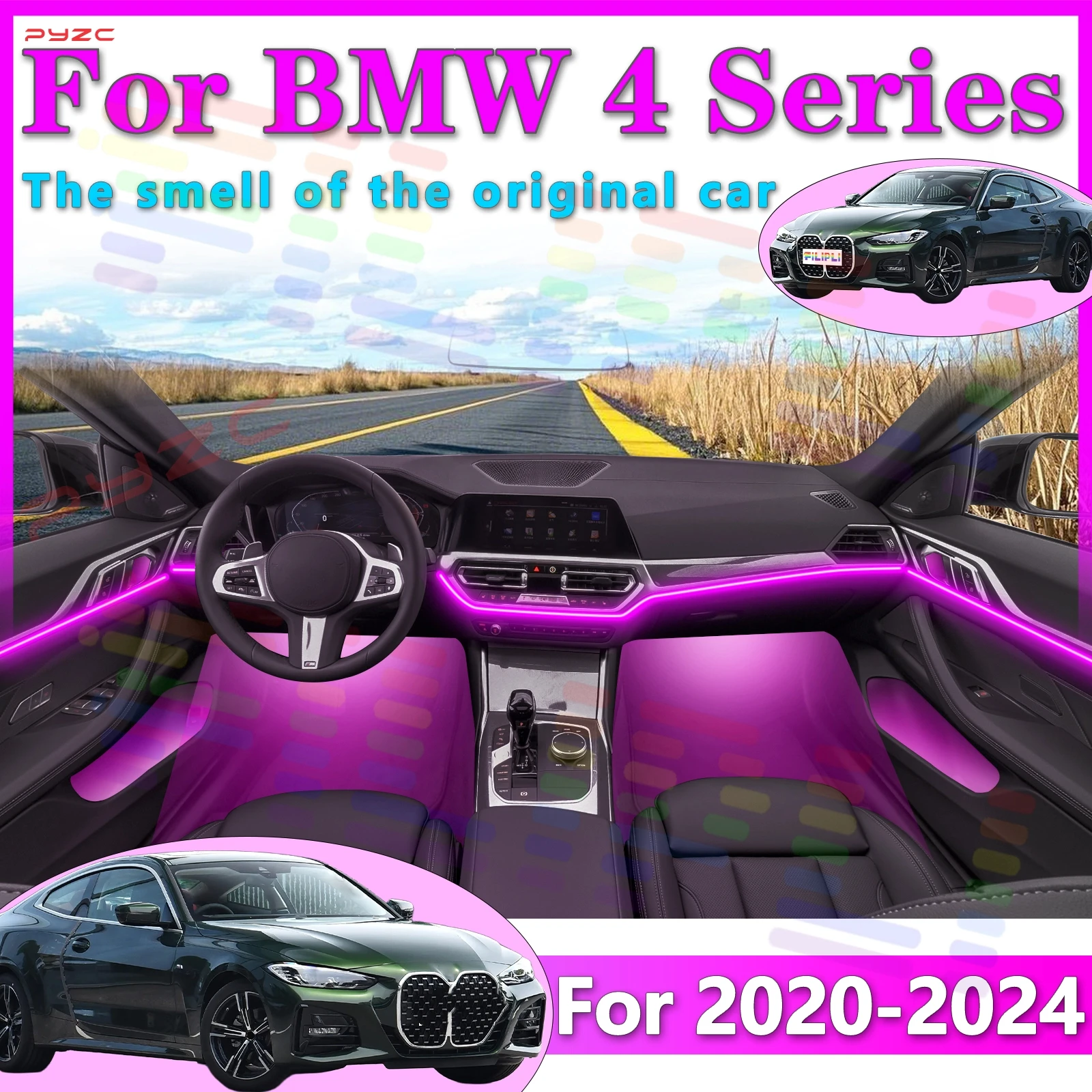 bmw-4-シリーズ-g22-led-環境ライト-ストリップ、インテリア用、app-複数のカラーモードで管理され、快適な