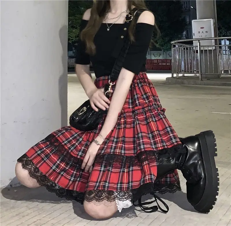 2023 Summer Women Lace Gothic Y2k Mini Skirts igh Waist Lady Plaid A-line Red Skirt Kawaii Harajuku Sweet Skater Korean Clothes