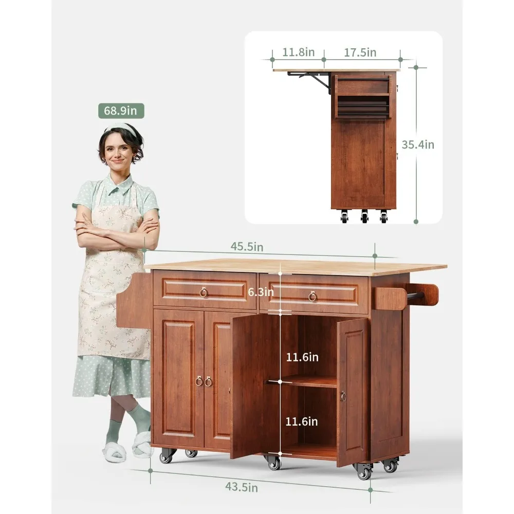 Kitchen island with drop leaf, on wheels, two drawers, large storage cabinet, towel rack spice cart