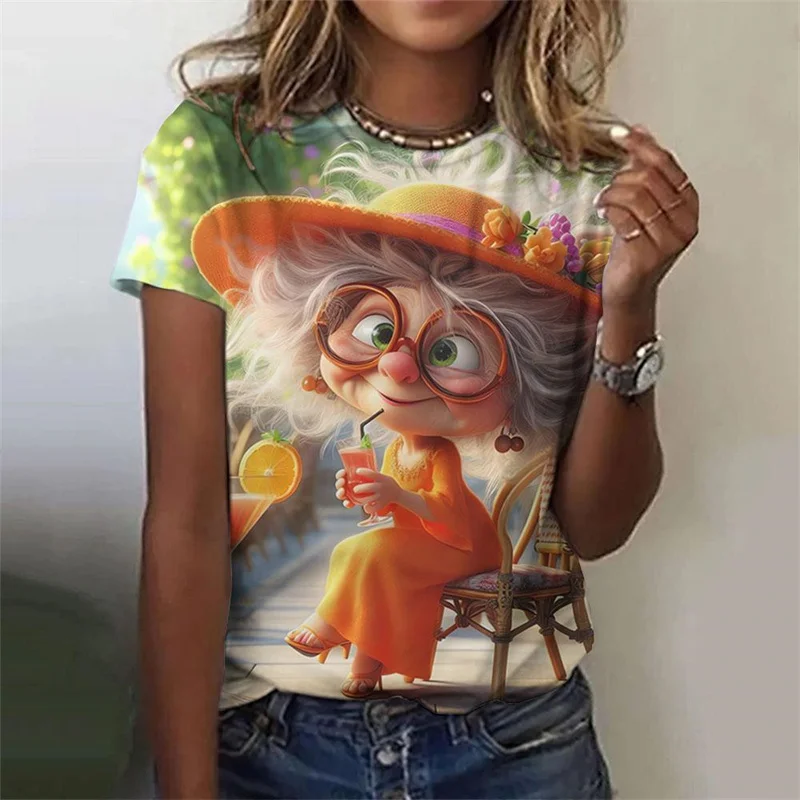 Koszulka z nadrukiem 3D Cartoon Granny dla kobiet Kolorowe modne koszulki z grafiką Letnie koszulki casualowe T-shirty z okrągłym dekoltem i krótkimi rękawami