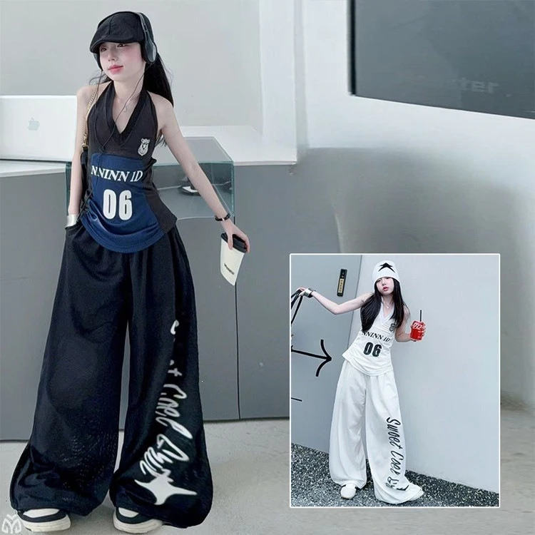 

Одежда для уличных танцев в стиле хип-хоп для девочек-подростков, жилет с V-образным вырезом и цифровым принтом, брюки, спортивная одежда для детей младшего возраста