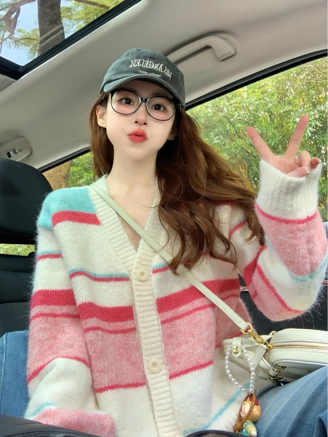 

Трикотаж в розовую полоску с v-образным вырезом, верхняя одежда, женский свободный крой, мягкий уютный длинный кардиган в стиле ретро, осенне-зимняя повседневная одежда