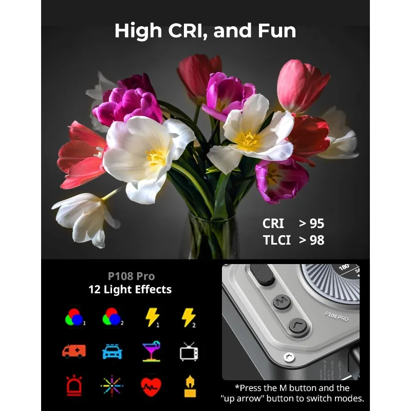 SMALLRIG Vibe P108 Pro RGB Video Light, Portable Led Camera Light for Photography, Cold Shoe Light, CRI95+, 2500-6500K, 12 Effec