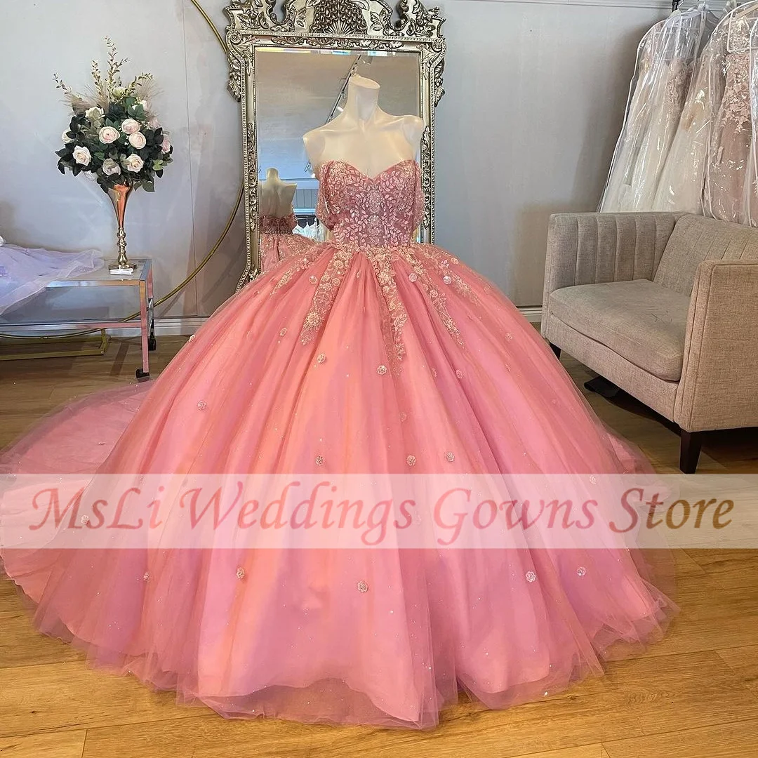 Vestido De quinceañera rosa De lujo, vestidos De baile, apliques, corsé De lentejuelas De cristal, fiesta De cumpleaños, vestidos De graduación, Vestido De 15 personalizado