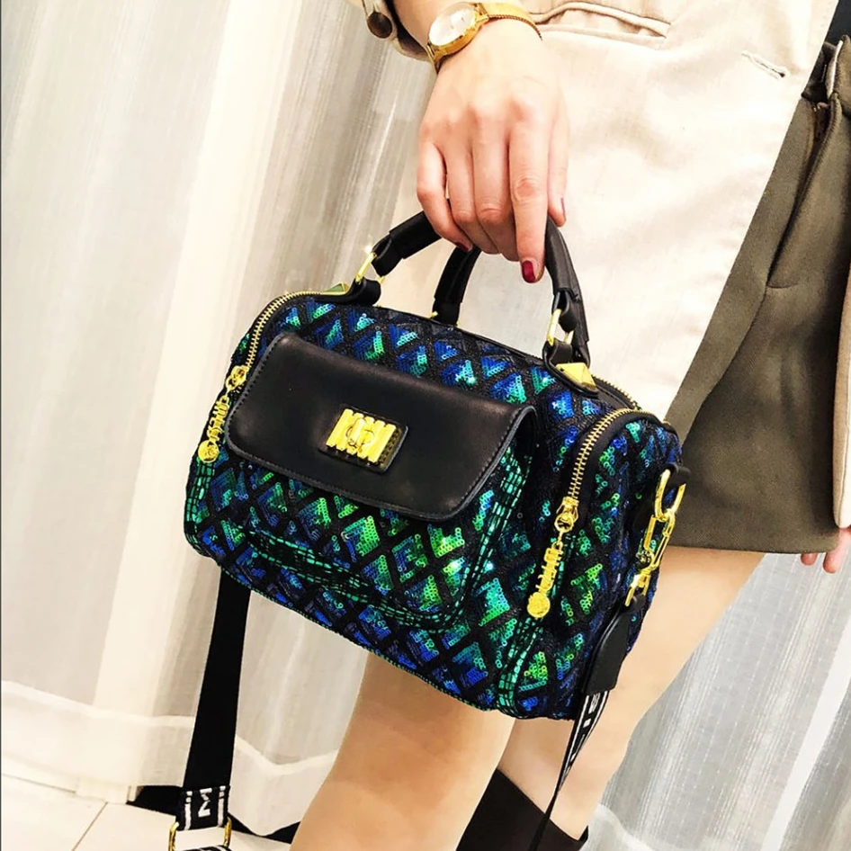 Female Vegan Leather Shiny Quilted Paillette Short Handle Handbag Sparkle Holographic Medium Size Pouch Boston Side Sling Bag