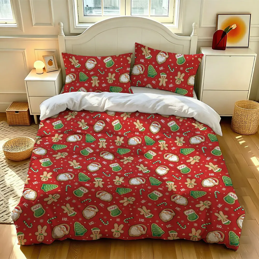 3-piece set (1 bedspread + 2 pillowcases) with a red Christmas pattern and a Christmas tree, perfect for home decoration