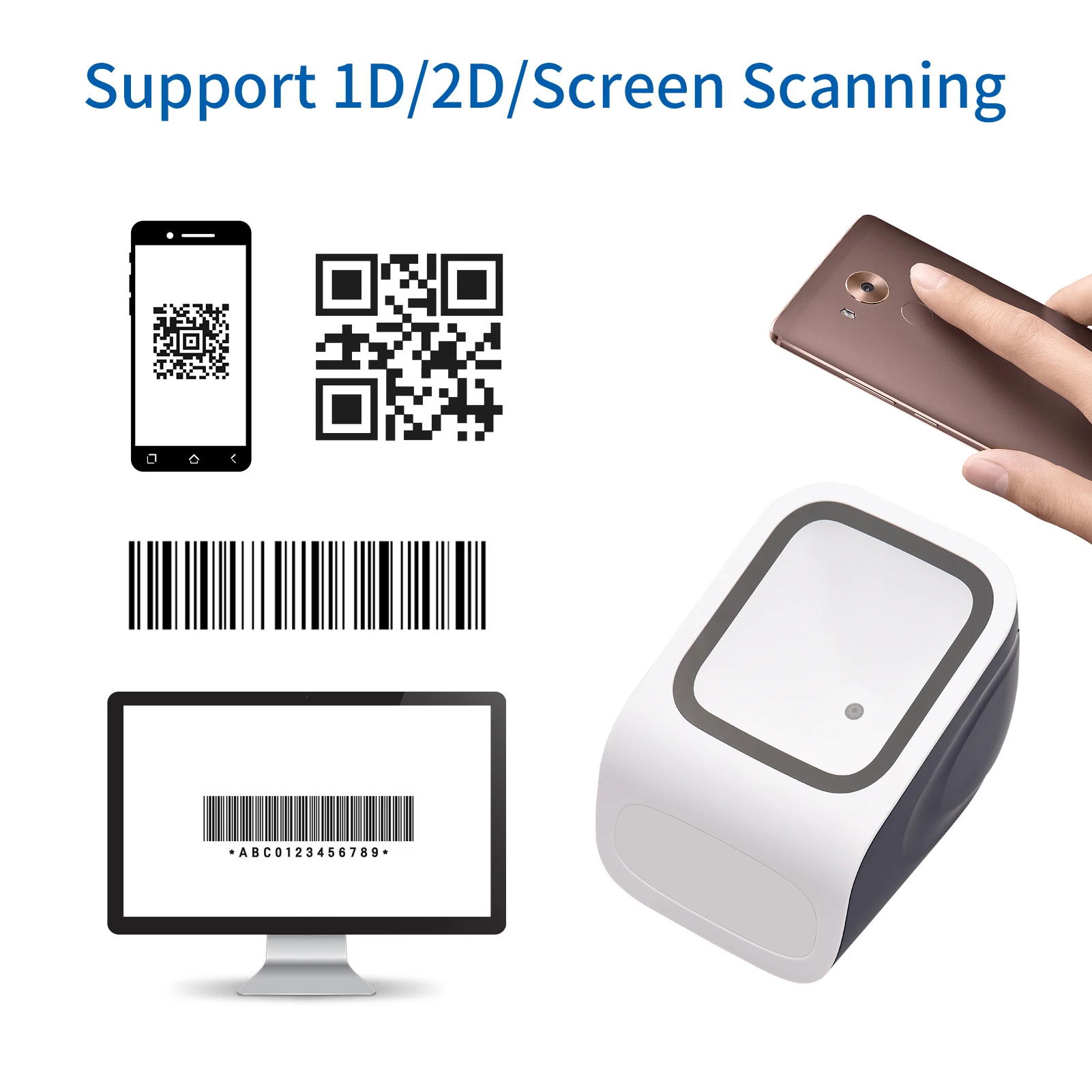 ماسح الباركود لسطح المكتب مع منصة ، 1D ، 2D ، QR ، بدون استخدام اليدين ، USB ، شريط سلكي ، قارئ ، متوافق مع النافذة ، نظام أندرويد