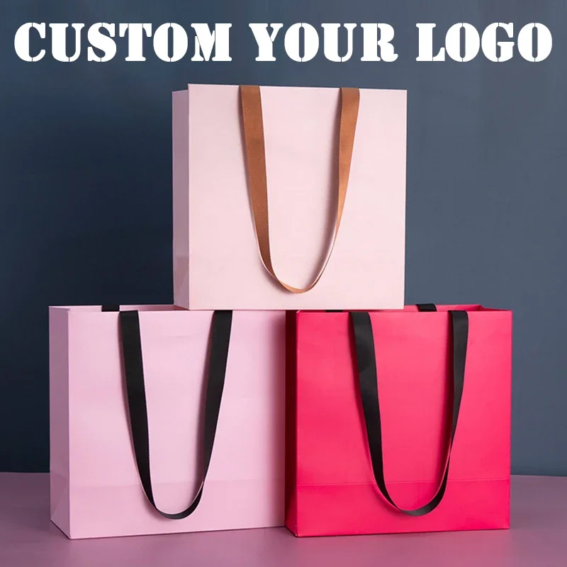 

5Pcs High Quality Custom Logo Clothing Wig Package Paper Bags For Small Buinsess Gifts Bags Long Rope Elegant Pacakge Bags