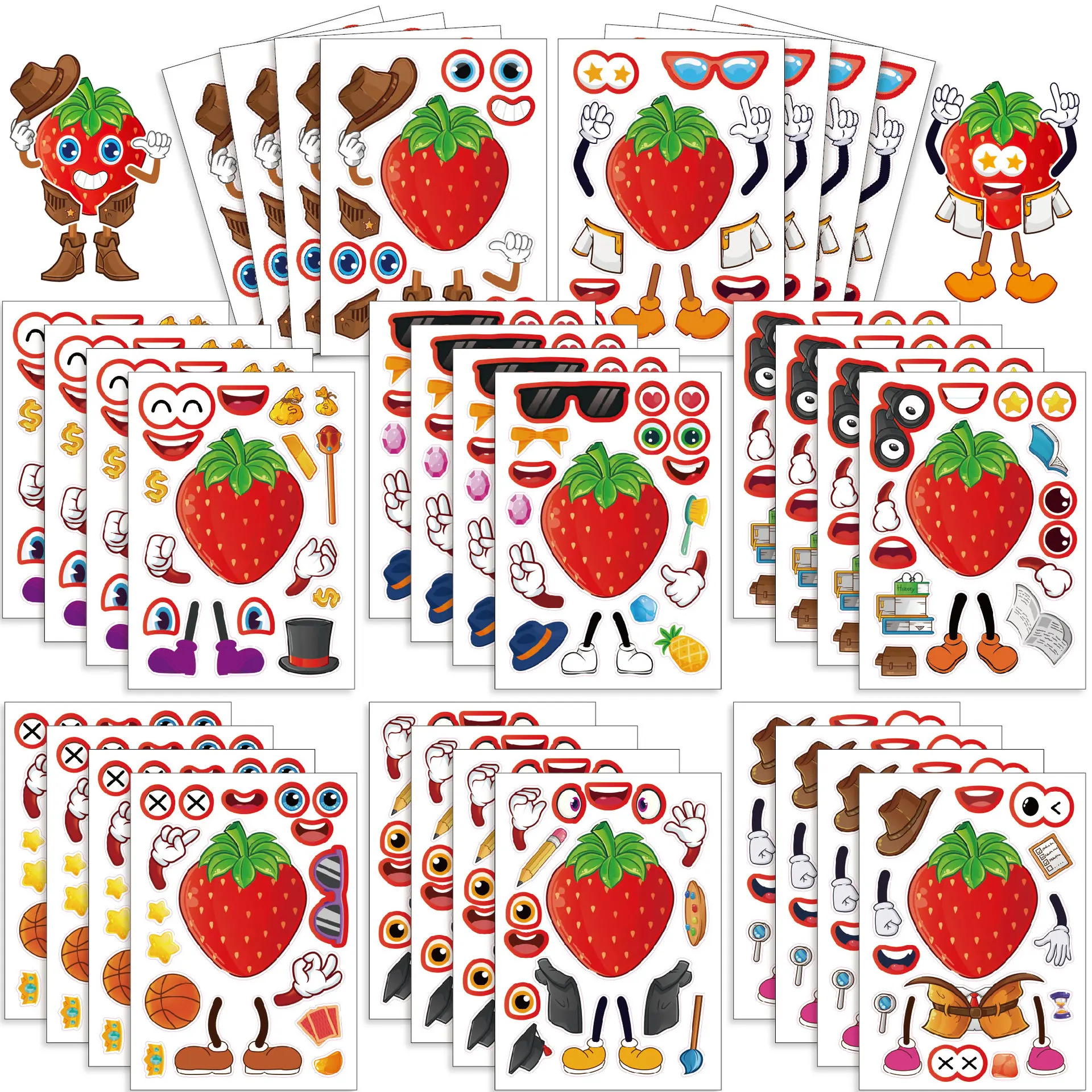 16 Blatt Niedliche Erdbeer-Frucht-Gesichter Puzzle-Aufkleber DIY Handy Laptop Gepäck Skateboard Graffiti-Sticker Spaßiger Geschenkartikel