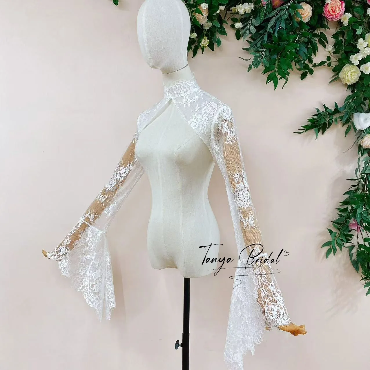 Lace Bridal Bolero Jacket High Neck Buttons Long Flare Bell Sleeve Wedding Shrug for Bride