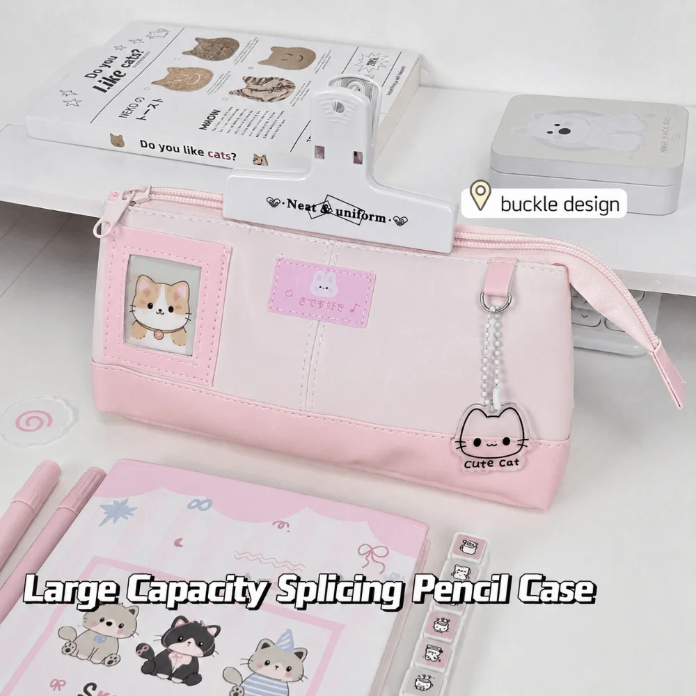 Durable PU Pencil Case Rabbit Print Large Capacity Pencil Pouch with Photo Window Pink Stationery Pouch School Supplies