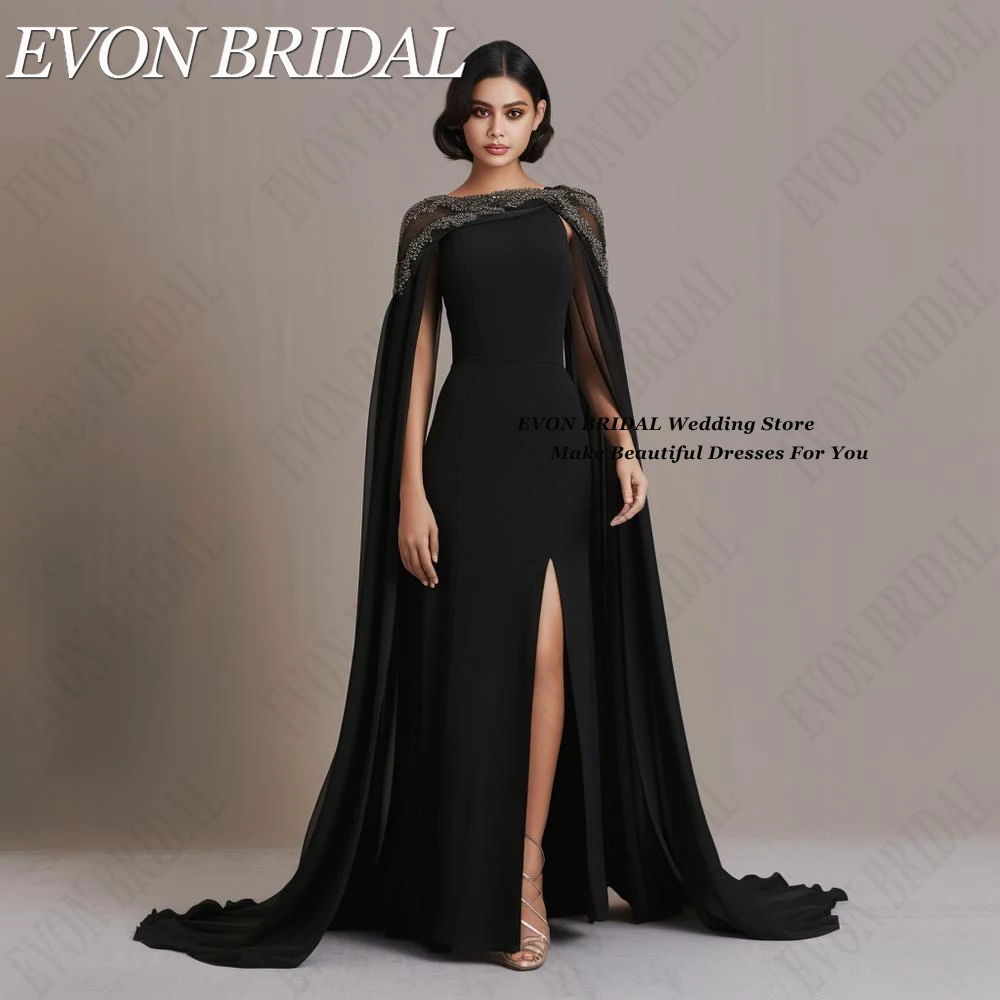 EVON-Vestidos de Noche largos para mujer, elegantes vestidos de novia con mangas de casquillo, cuentas de fiesta de boda formales de Arabia Saudita, cuello redondo elegante vestido de noche con sombrero de mangas larga