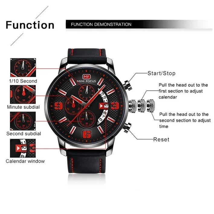 MINI FOCUS Sports Men Watch Luxury Casual Chronograph Watches Quartz Men WristWatch Genuine Leather Top Brand Luxury Military