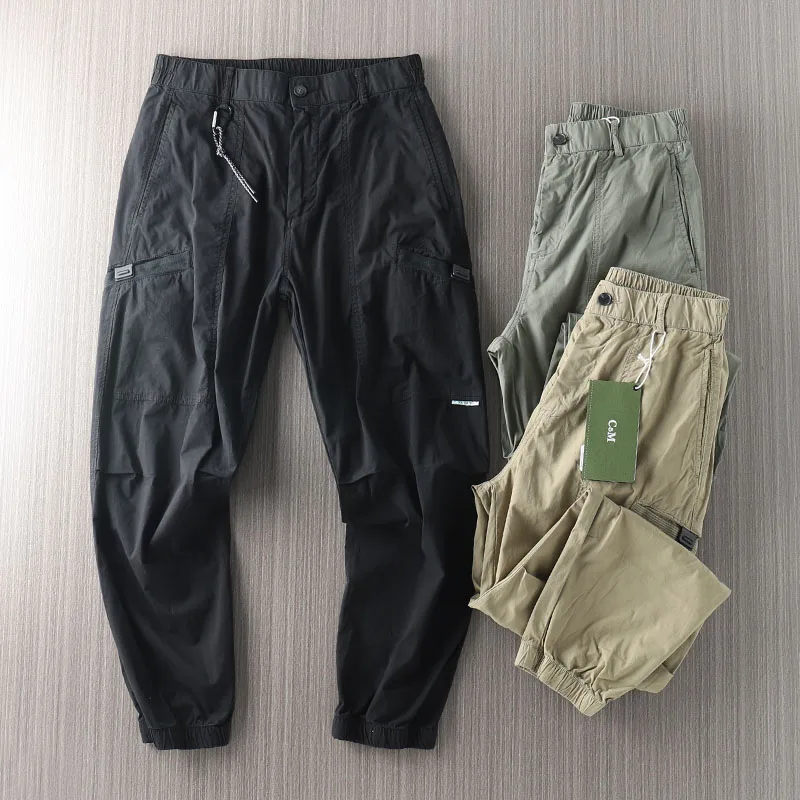 

American Sle Loose Fit Cotton Casual Pants with Elastic Waisand And Zipper Large kets Slimming Workwear for Men