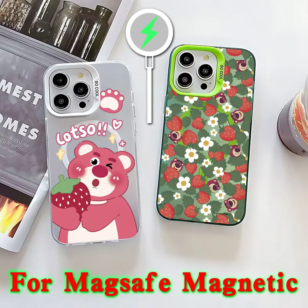 Cartoon Pink Lotso Bear Magsafe Magnetic Phone Case for IPhone 11 12 13 14 15 16 Pro Max Plus order Silver Plated Cover