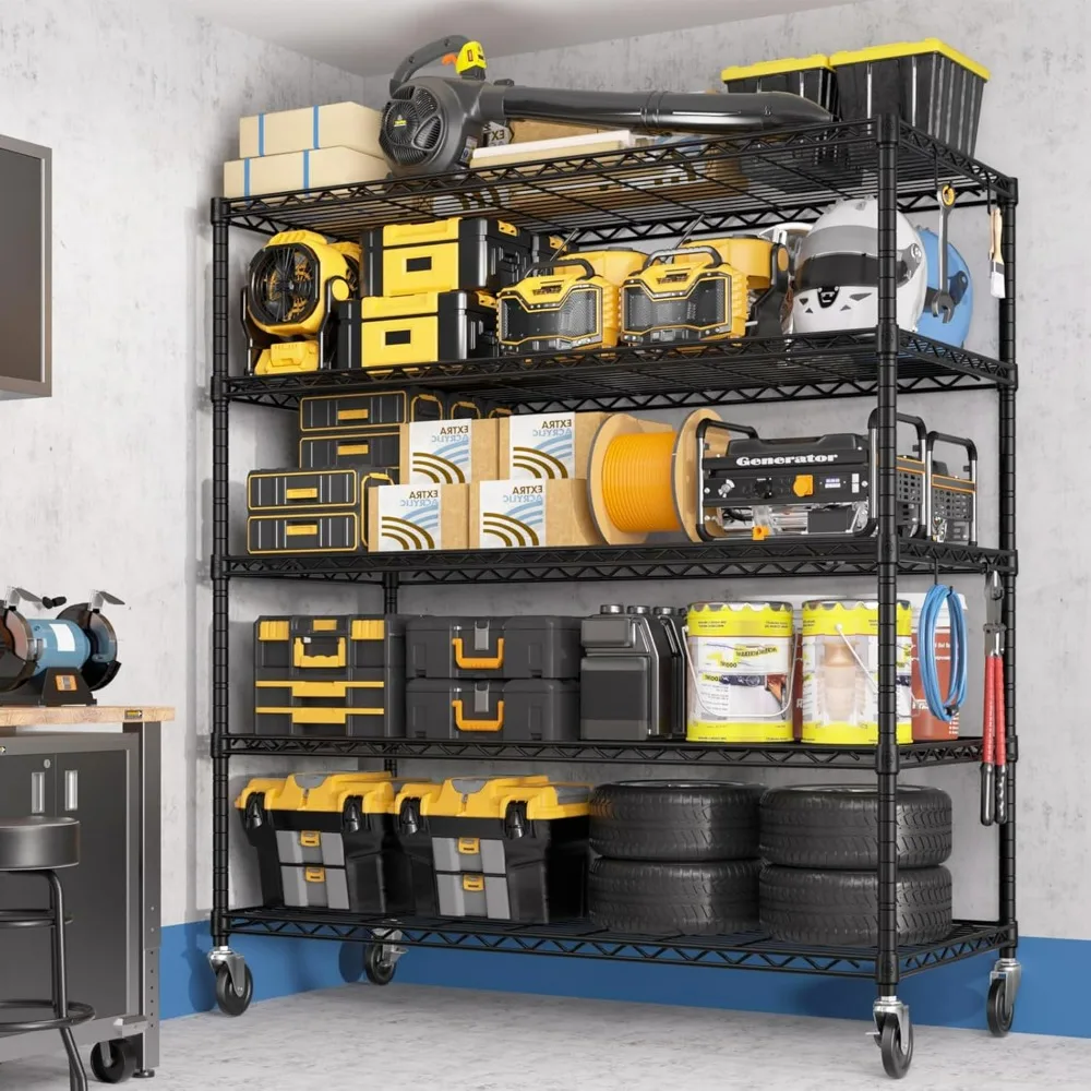 أرفف تخزين سلكية شديدة التحمل مقاس 48 بوصة عرض × 24 بوصة عمق × 81 بوصة ارتفاع مع عجلات، وحدة رفوف جراج قابلة للتعديل مكونة من 5 طبقات، ميت دوار #2