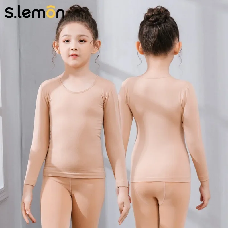 S.Lemon-capa Base de baile de manga larga para niñas pequeñas, camiseta interior de práctica cálida de lana fina Invisible de Color carne, 90-150cm