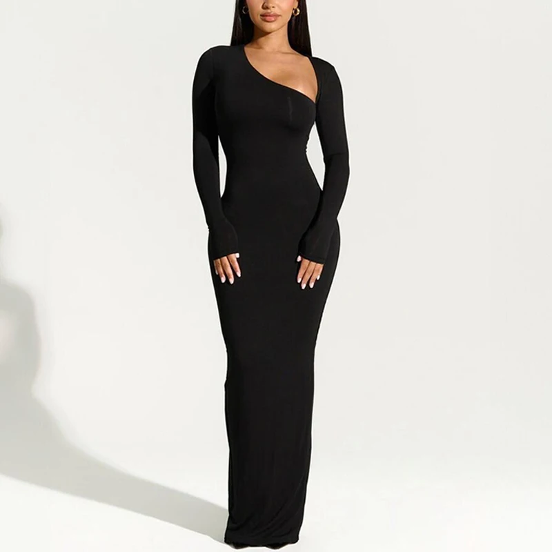 European and American style women's summer new sexy spicy girl slim fit and slimming long sleeved slanted neck back slit dress