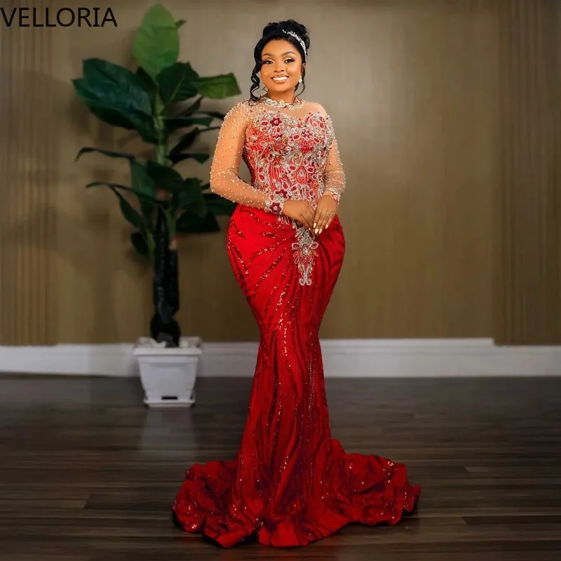 

Red Mermaid Evening Gown African Women Sheer Long Sleeve Beaded Aso Ebi Formal Party Dress Sequin Bodycon Prom Gown Customized