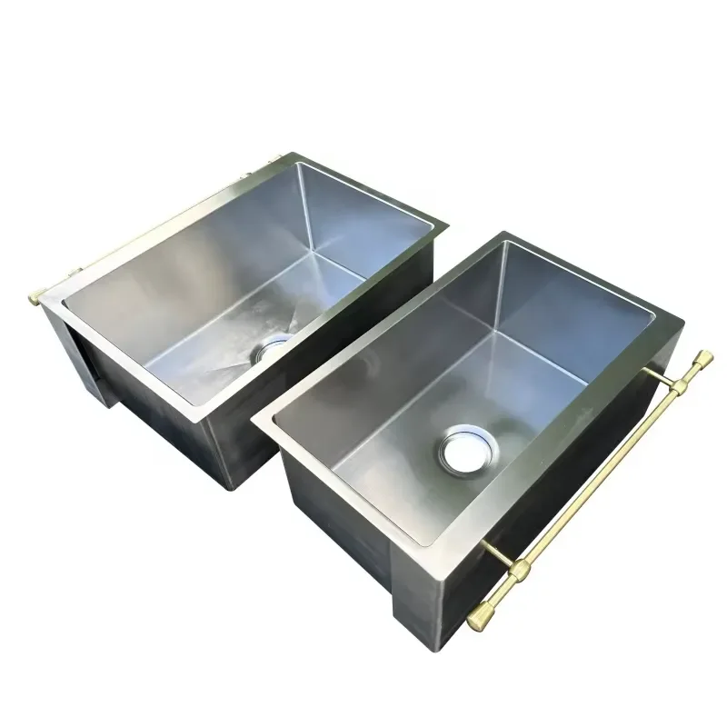 Custom Stainless Steel Apron Front Kitchen Sink with Brass Towel Bar Heavy Duty Farmhouse Basin for Luxury Villas