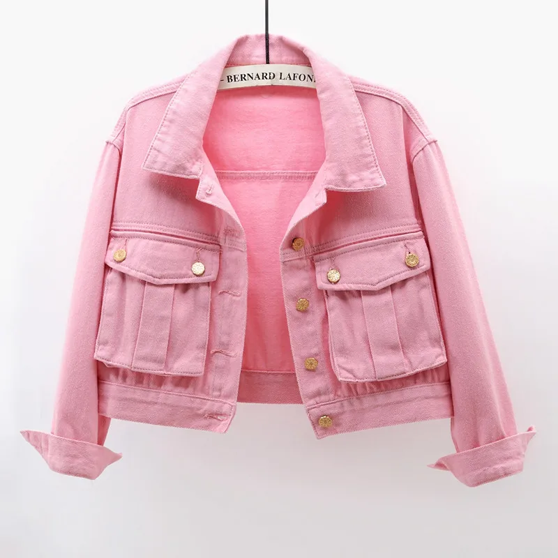 Spring Autumn Fashion Pink Big Pocket Denim Jacket Women  Student Cowboy Outerwear Casual Loose Short Jeans Jacket Coat Female