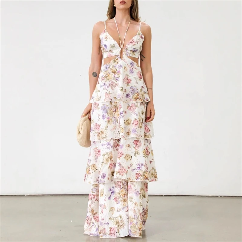 Francês elegante vestido de festa à noite sem costas feminino sem alças sem mangas cintura alta babados em camadas vestidos de grife feminino verão