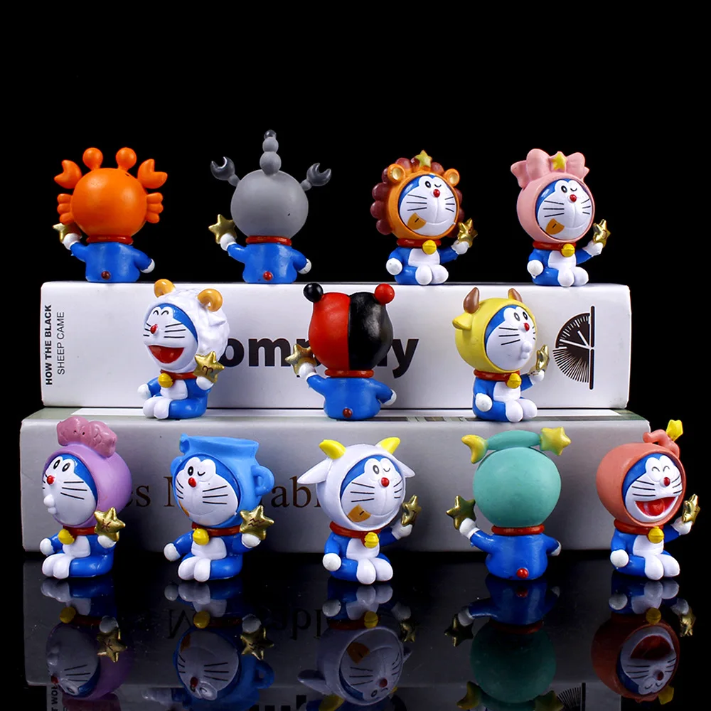 12 Sternzeichen Doraemon Figurenset, klingelnde Katze 12 Tierkreiszeichen PVC Mini-Statue, Schreibtischdekoration Sammlerstück Modell Spielzeug Geschenk.