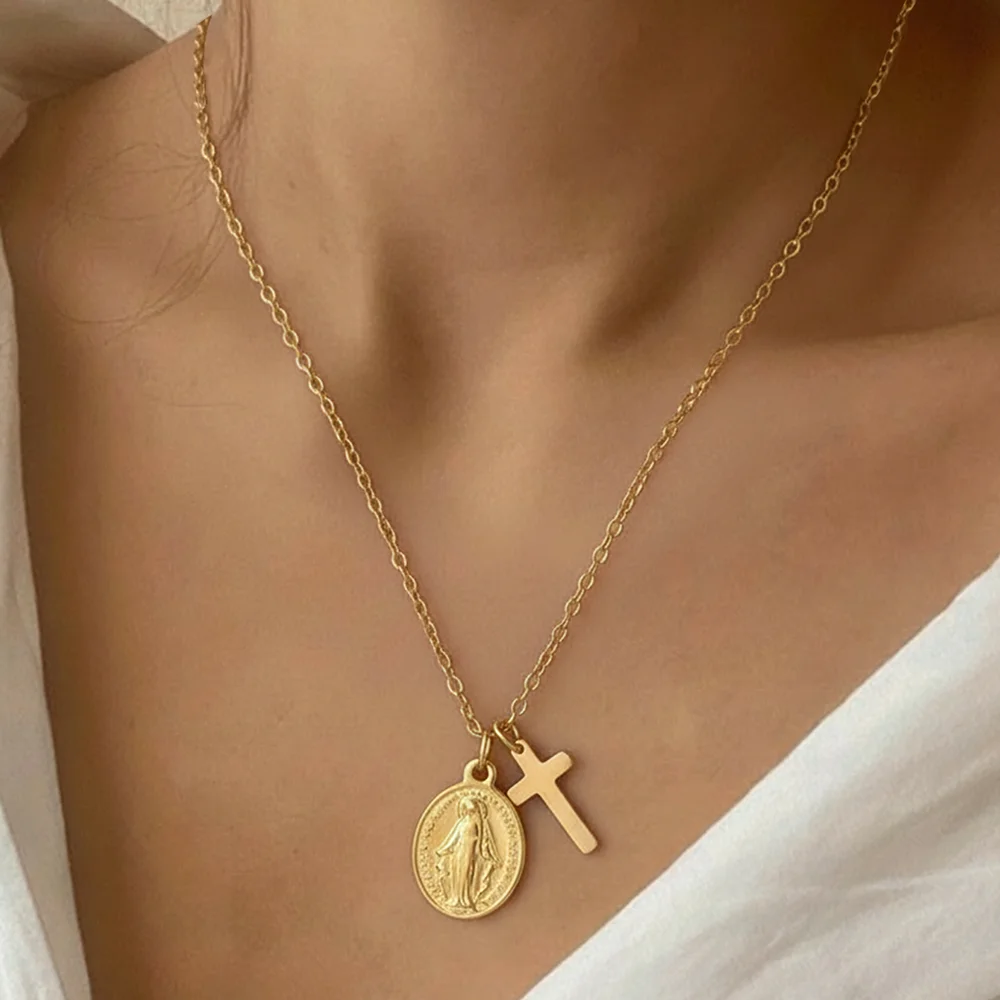Stainless Steel Cross Virgin Mary Pendant Necklace For Women Fashionable And Unique Commuter Collar Chain Jewelry Creative Gift