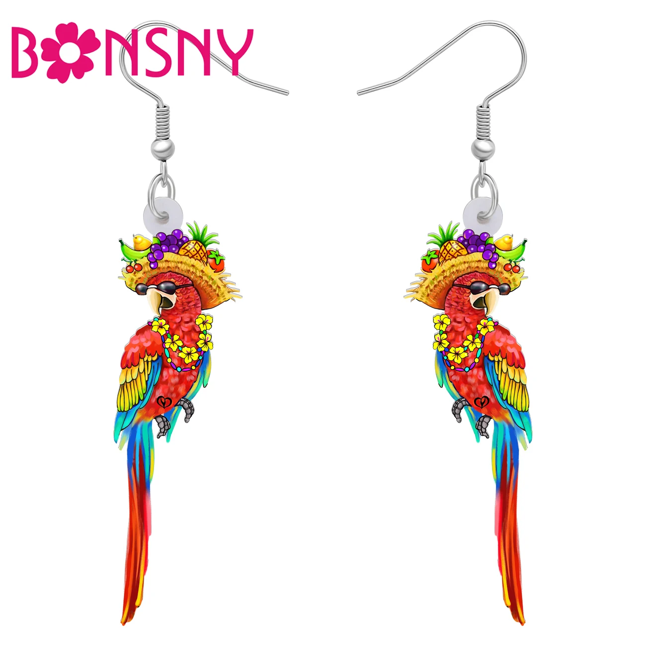 Bonsny Acrylic Floral Hawaii Fruit Parrot Earrings Pet Birds Dangle Drop Charms Fashion Jewelry Decorations For Women Girl Gifts