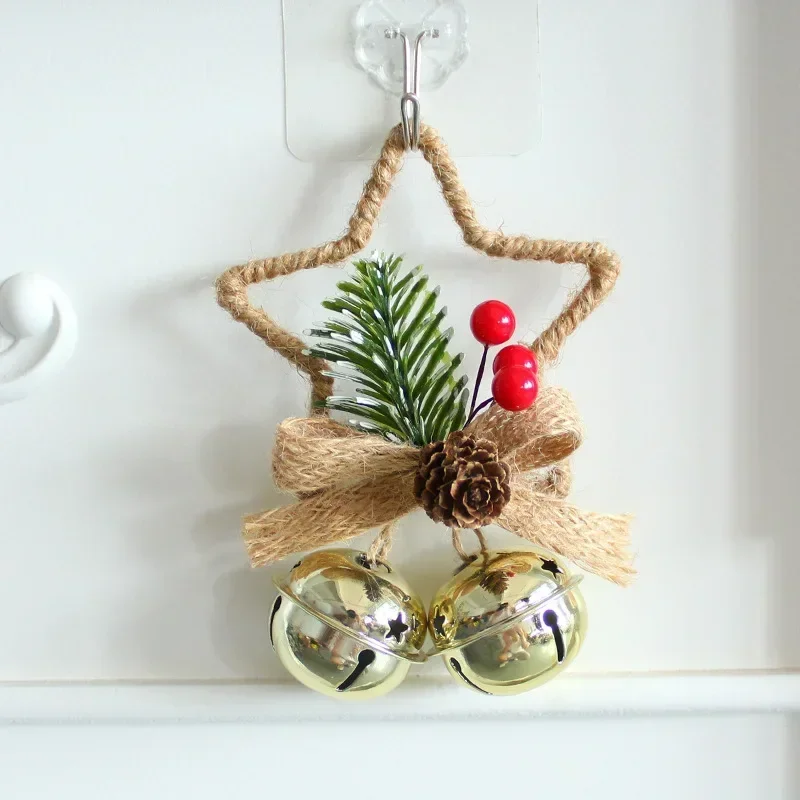 Retro Iron Baking Paint Christmas Bell Pendant,  Tree Five-Pointed Star, Hemp Rope Christmas Decorations Xmas Tree