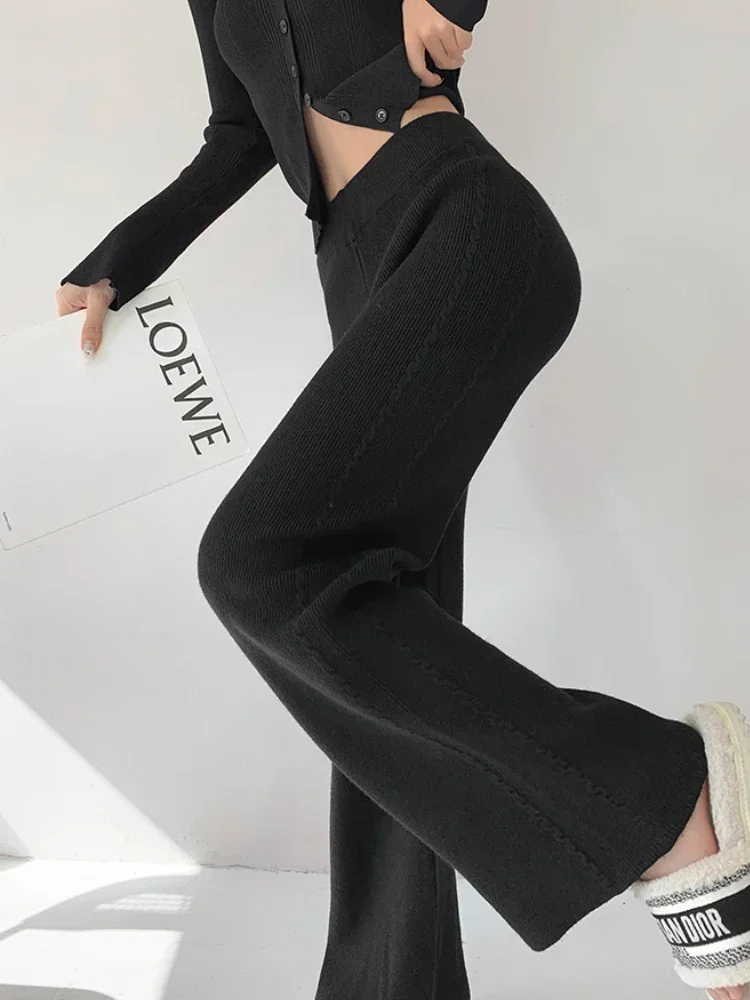 Knitted Women\'s Pants Casual High Waist Warm Straight Wide-leg Pants Thickening Autumn/Winter New 2024 Elegant Women\'s Pants