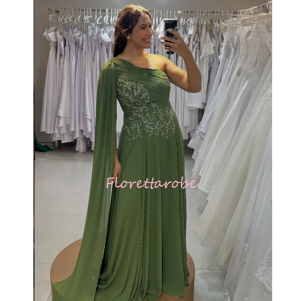Customized Long A Line Mother Of The Bride Dresses One Shoulder  Appliques Green Chiffon Prom Dress Wedding Parrty Dress