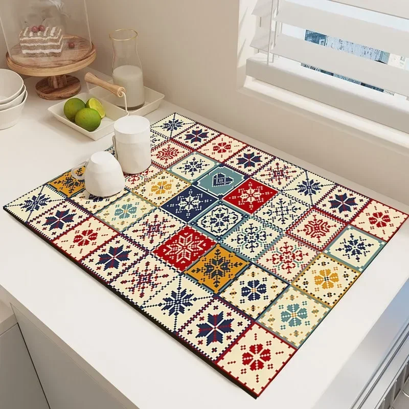 Carpet Countertop Bedroom Rug Absorbent Cup Mat Retro Kitchen Drain Mat Water Controlled Tableware Chopsticks Decoration Home