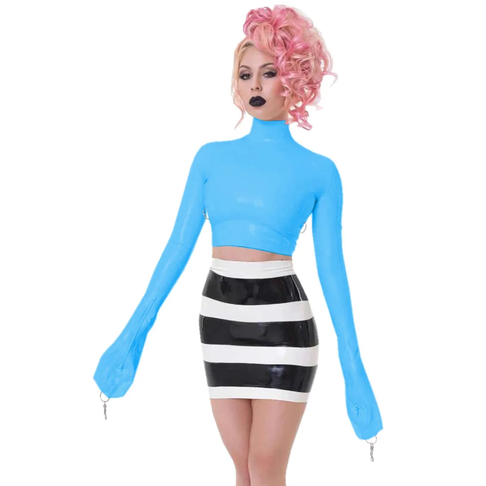 قمم قصيرة مثيرة مع رقبة عالية للإصبع، جلد نحيف نحيف، قمصان قصيرة PVC، قمة مثيرة من الفينيل مع مفتاح قفل، ليلة النادي