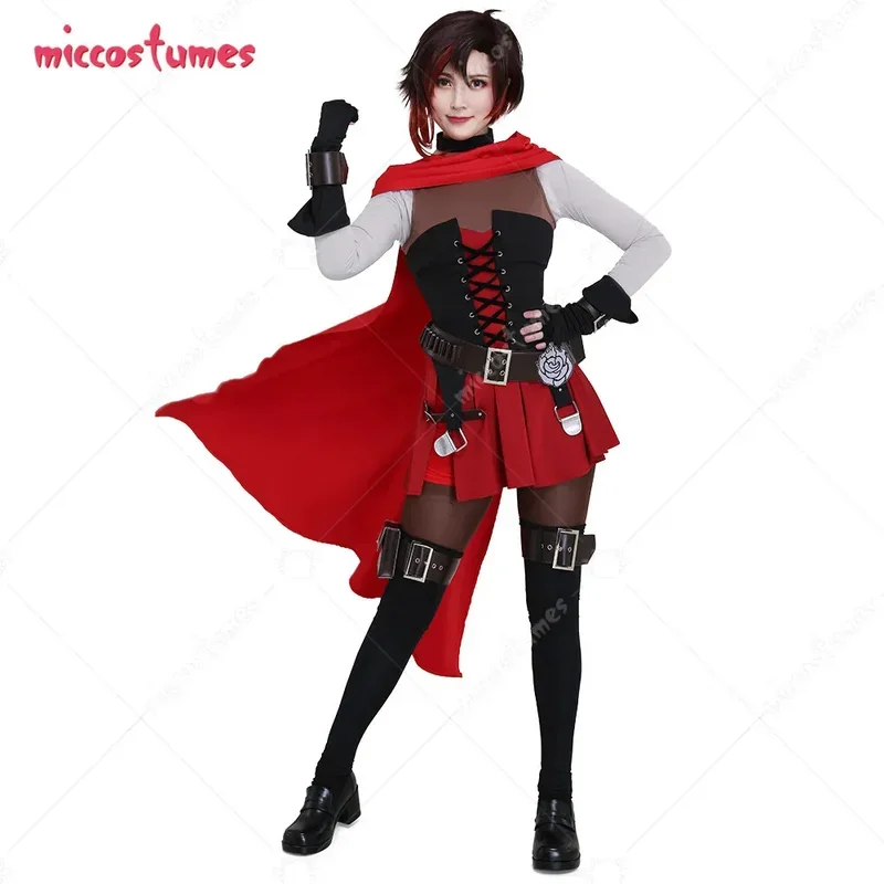 Miccostumes Women Red Rose Cosplay Costume with Cloak and Belts Set for Women Halloween Costumes